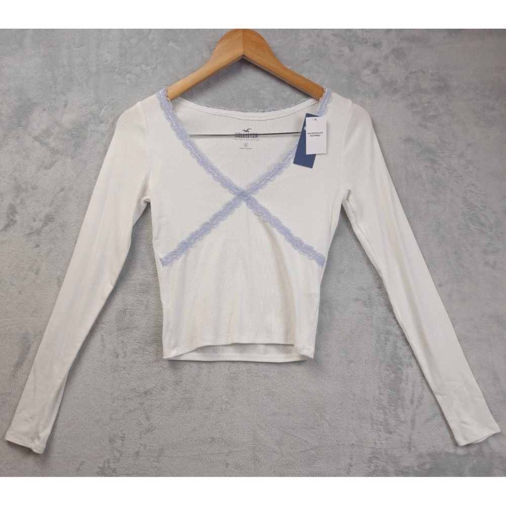Hollister Womens Medium Tee Must Have Collection White Blue Lace Cropped Shirt